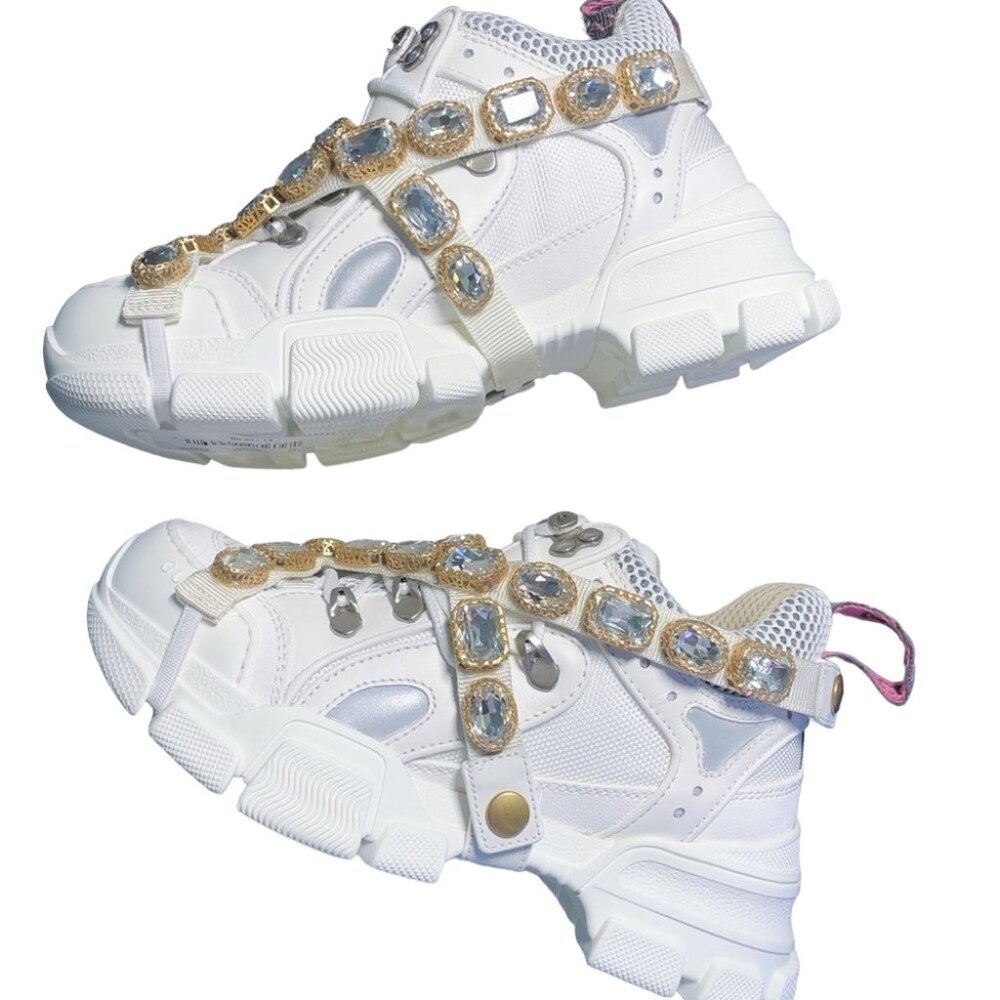 NIB Gucci xSega Mesh Calfskin Suede Removable Crystals Women Flashtrek Sneakers - Picture 8 of 9